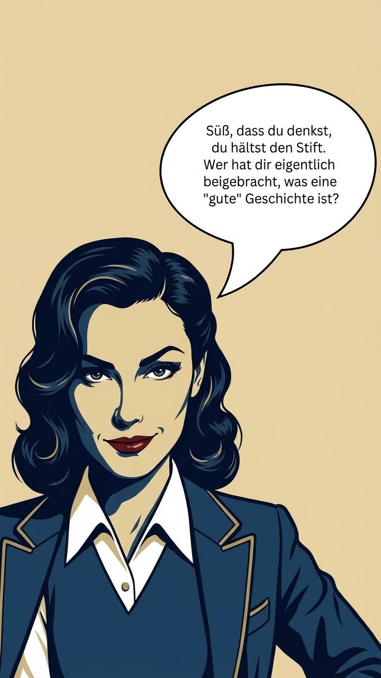 Sophie sagt: üß, dass du glaubst, die Feder zu halten. Wer hat dir eigentlich beigebracht, was eine 'gute' Geschichte ist?